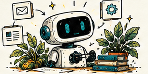 Friendly illustrated robot with workflow motifs