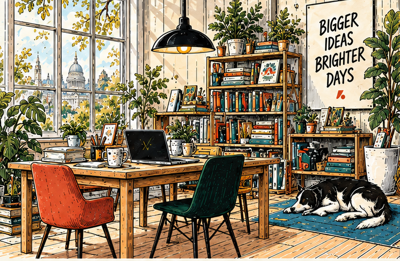 Illustrated Huzzah Labs workroom with a tall window, plants, books, desk, orange and green chairs, hanging lamp, resting dog and a Bigger Ideas Brighter Days poster