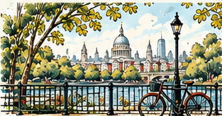 London riverside park and bicycle illustration