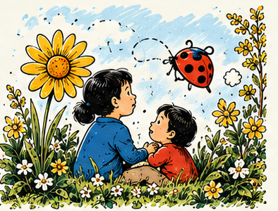Children with a ladybird among flowers