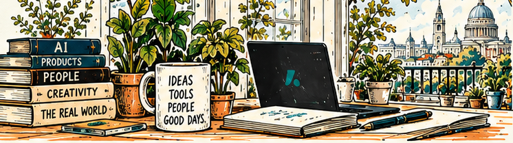 Illustrated desk with books, laptop, mug and London window